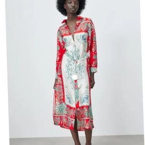 NWT Zara  button down shirt dress red paisley size medium